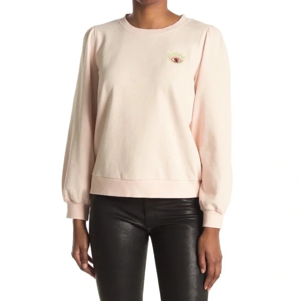New Nicole Miller Evil Eye Sweatshirt Balloon Sleeve embroidered blush petite